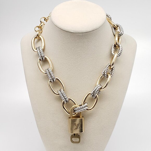 Authentic Louis Vuitton Gold Padlock w/ Unbranded Fashion Geometry Necklace - Picture 7 of 8
